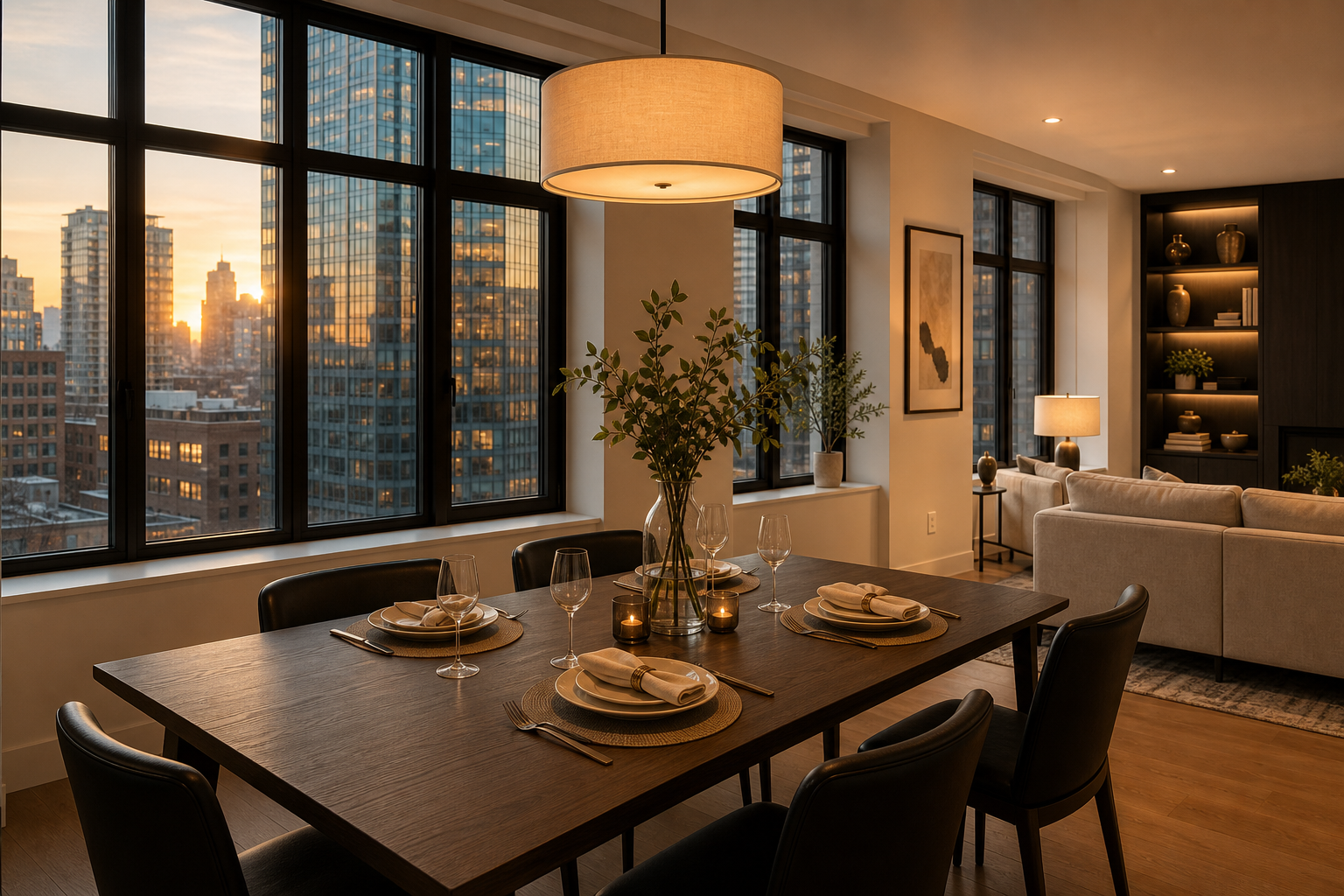 Dining area with city window light